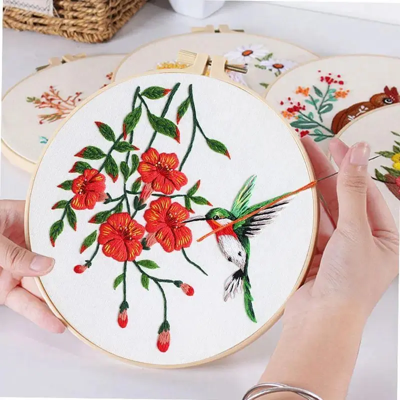 Bird Embroidery DIY Kit for Beginners - Mixed Textile Cross Stitch, Needlework Tools, Punch Needle Hoop Ring, Stress Relief Craft Toy with Instructions