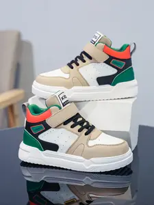 Fashion Colorblock Sneakers, Velcro Closure Design, Lightweight Eco-Friendly Material, Casual Daily Wear Shoes for Kids, Breathable High Top