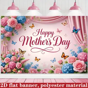 2D Flat Happy Mother's Day Banner Decor, 1pc 59.06x39.37in Festive Backdrop, Colorful Floral Frame with Butterflies, Pink Curtain Background, Flats & Flowers Design, Wall Hanging for Mom's Day Party