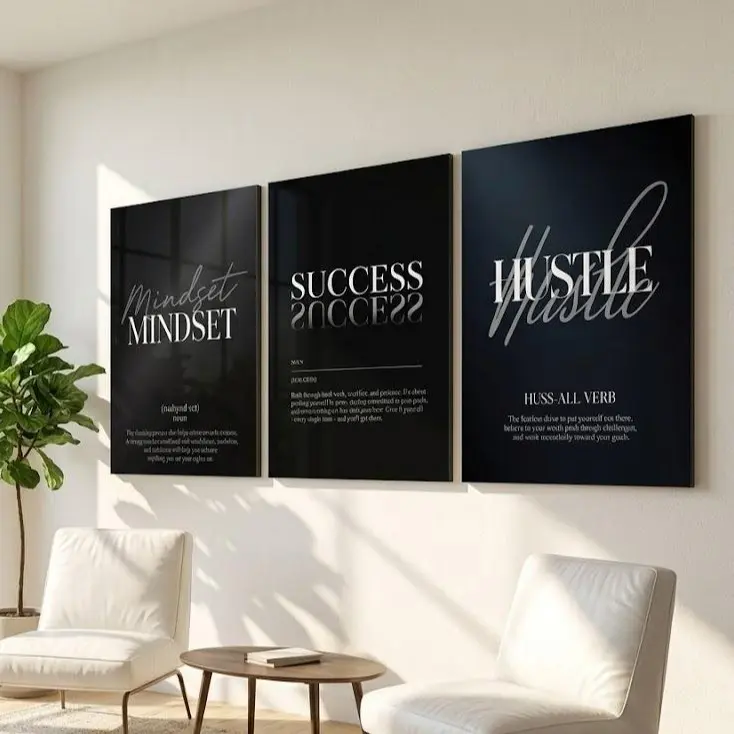 3 Piece Motivational Wall Art, Set of 3 Mindset Success Hustle Black Minimalist Poster Modern Office Decor Inspirational Quote Print JPG.