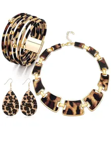 Boho Style Leopard Print Matching Jewelry Set, Fashion Necklace & Earrings & Bracelet, Fashion Accessories for Women & Girls