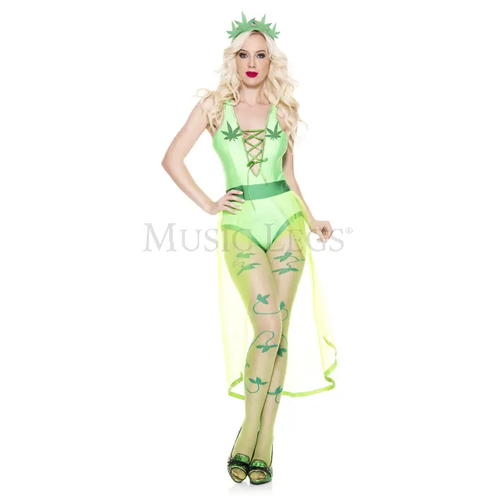 Music Legs Women's 4-Piece Polyester Blend Leafy Green Queen Costume Set - Medium-Large, Sheer Bodysuit, Attached Sheer Train, Pantyhose, Matching Headpiece & Accessories, Dog & Cat Pet-Compatible, Queen Look, Print