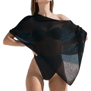 Women's Asymmetrical Sheer Knit Poncho Shrug Shawl Bat Wing Cape Tops Crochet Cover Up Lightweight Sweater Summer Holiday Beachwear