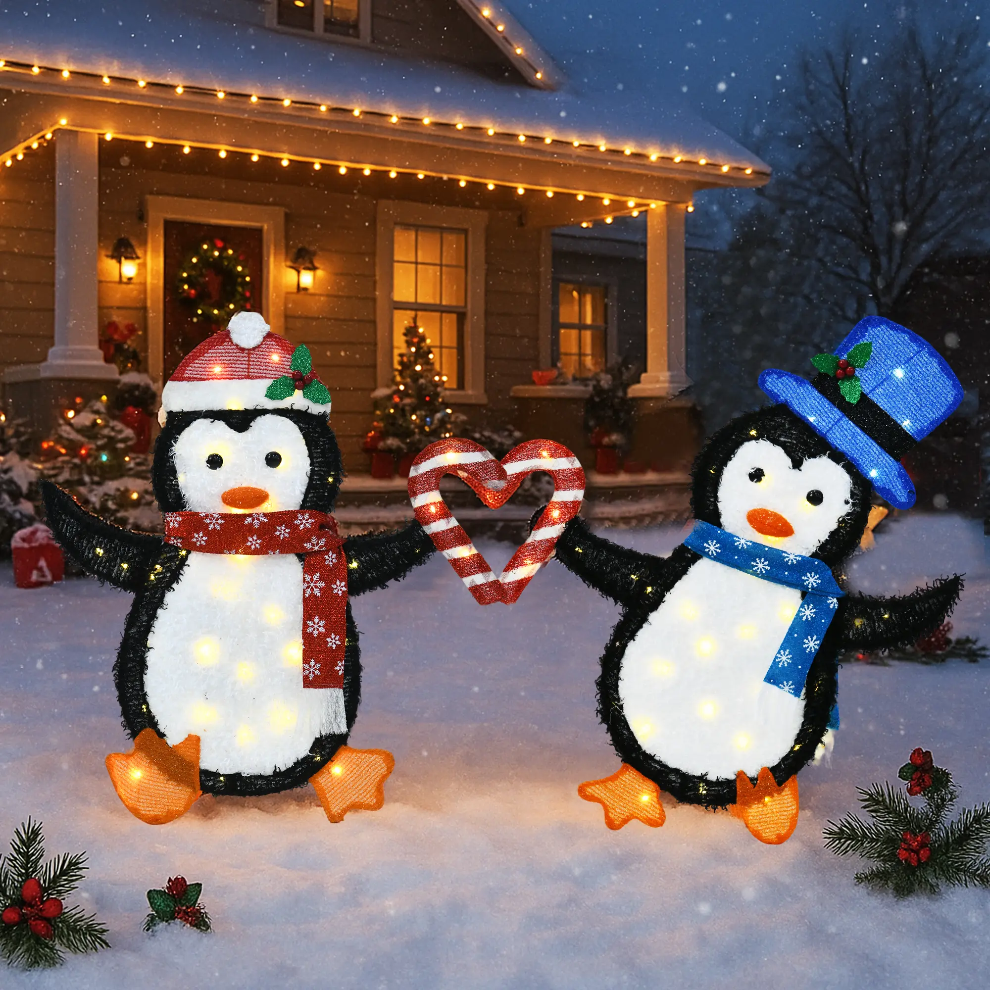 Penguin Outdoor Christmas Decorations Set of 2 Pre-Lit 2D Holiday Yard Lawn Décor with 80 Warm White LED Lights Waterproof Light Up Xmas Garden Display Indoor Outdoor Christmas Lawn Ornaments festive decorations Gift 2025 festival