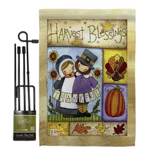 212 MAIN 13x18.5" Weatherproof Double-Sided Thanksgiving Mini Garden Flag Set, Vertical Thankful Pilgrims Fall Decor with Banner Pole (Model BD-TG-GS-113057-IP-BO-D-US16-AL)