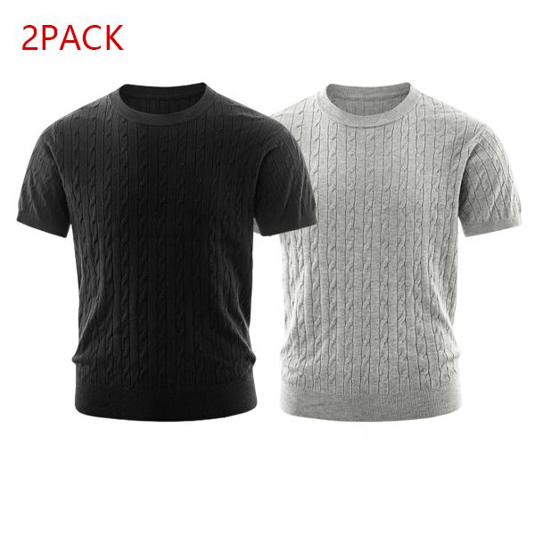 2PACK Men's Cable Knit Tees  Trendy Textured Short Sleeve Shirts, Soft Comfy Casual Crew Neck Tops, Essential Streetwear