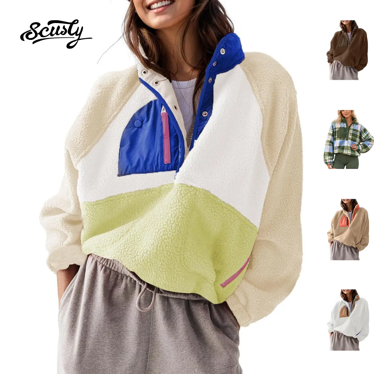 SCUSTY Women’s Lightweight Fleece Pullover Jacket Cropped Fall Winter Fuzzy Sherpa Jacket Sweatshirt Coat with Pockets