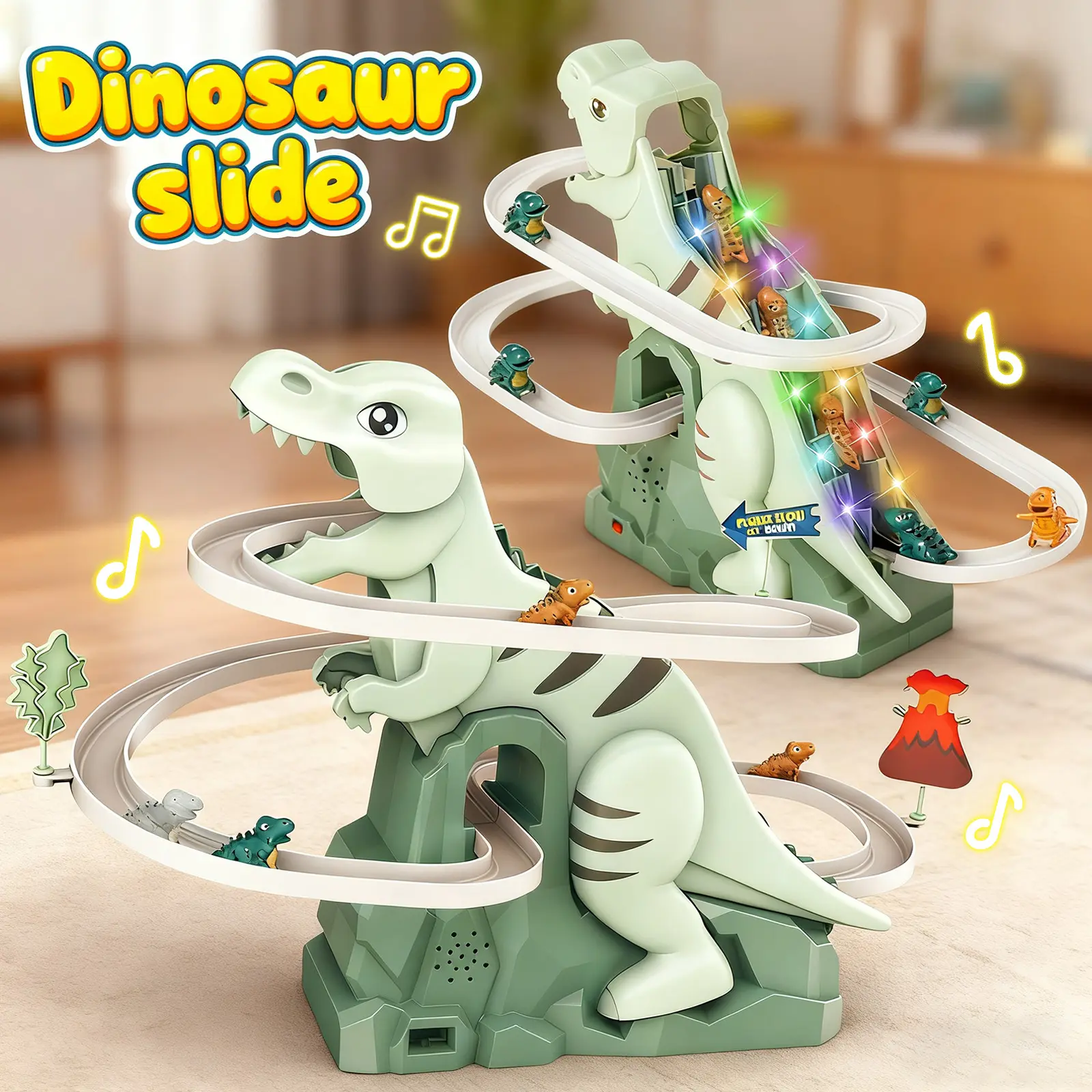 Electric Dinosaur Stair-Climbing Toy - Battery-Powered, Inertia Slide with Small Dinosaur Car, Track Toy for 6-8 Years Olds, Children Development, Holiday & Birthday Gifts
