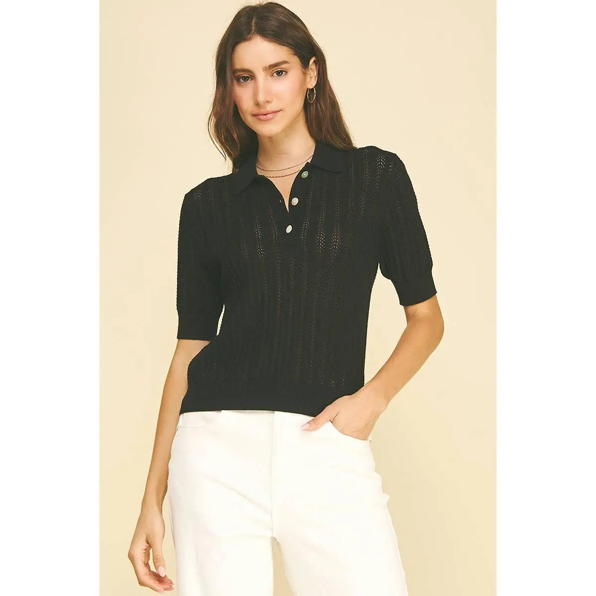 Kathleen - POINTELLE DETAILED POLO SWEATER