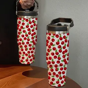 30oz Handheld Insulated Cup with Cherry Pattern, Large Capacity Stainless Steel Water Bottle with Straw, Ideal for Sports Outdoor Home Travel Gift