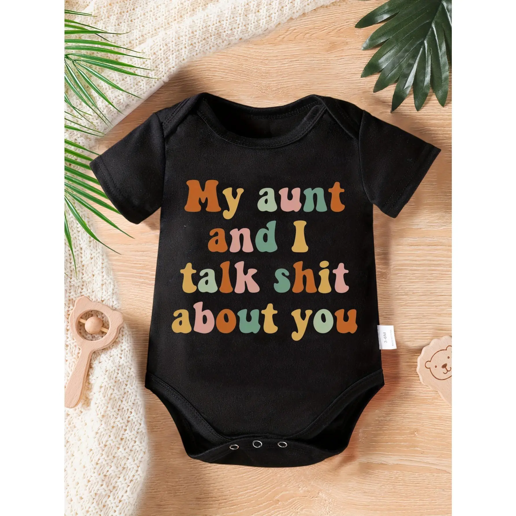 Baby Bodysuit Baby Items, "My Aunt And I Talk Shit About You" Print, Soft Knitted Fabric, Round Neck, Button Detail, Regular Fit, Versatile All-Season Onesie For 0-12 Months