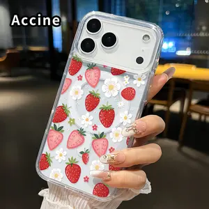 Clear Phone Case for iPhone 17 16  Pro Max Plus 15 14 13 12 11 Air E Simple Strawberry  Pattern Magnetic Sunction Acrylic Back Full Body Protective Cover