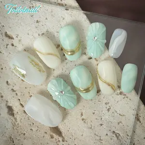 Mint Gold Handmade Press-On Nails, Short Square Shape, 10pcs, Spring Summer Mint Green Gold Foil Flower, Floral Embellished Rhinestone, Clean Girl Aesthetic Nails, High Gloss Mirror Finish, Reusable DIY Manicure Kit for Women Daily Wear