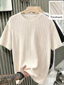 Unisex Classic Vertical Stripe Round Neck Short Sleeve Knitted T-Shirt, Summer Loose Fit Knit Top, Casual Graphic Tee for Men & Women