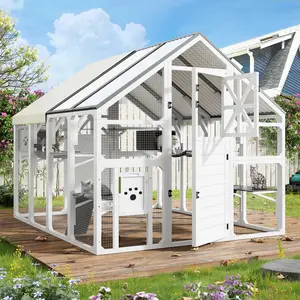 DOMISO Deluxe Cat House, Walk-In Wooden Cat Enclosure with Resting Boxes for Multiple Kittens, Hanging Bridge, Platforms, Catio Cage with Waterproof Proof Cover