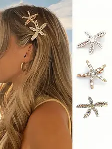 3pcs Vintage Faux Pearl Decor Starfish Shaped Hair Clip Set Stylish Hair Bun Maker Accessory, Suitable For Women And Girls For Daily Wear, Head Accessories, Hair Accessories For Women, Claw Clips, Hairpin