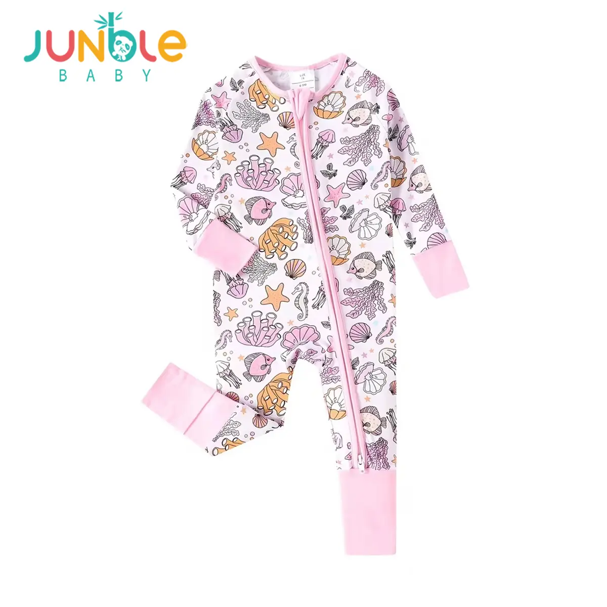 JUNBLEBABY Snug Fitting Baby Girl Romper, Premium Soft Bamboo Pink Ocean Shell & Seahorse Print Pajamas, Long Sleeve with Convertible Footie & 2-Way Zipper, Mermaid Theme Sleepwear Outfit