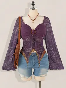 ICON Women’s Bohemian Paisley Print T-Shirt – Asymmetric Hem, Bell Sleeves, Vintage Y2K Fall Top
