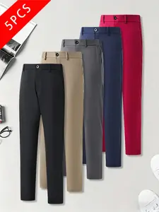 summervibes Pack of 5 men’s business casual dress pants, slightly stretchy slim fit that flatters the figure, half elastic waistband, comfortable and breathable