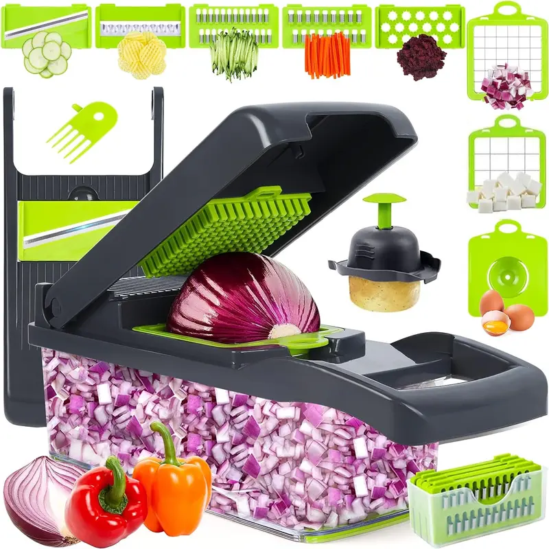 MIUVA 10-in-1 Thick Smooth Transparent Rust-Resist Steel Vegetable Chopper - Mandolin Slicer, Onion Chopper, 7 Diversified Blades, Adjustable Cutter, Small-Space Saver, Salsa-Ready Cuts, Spring Kitchen Utensil