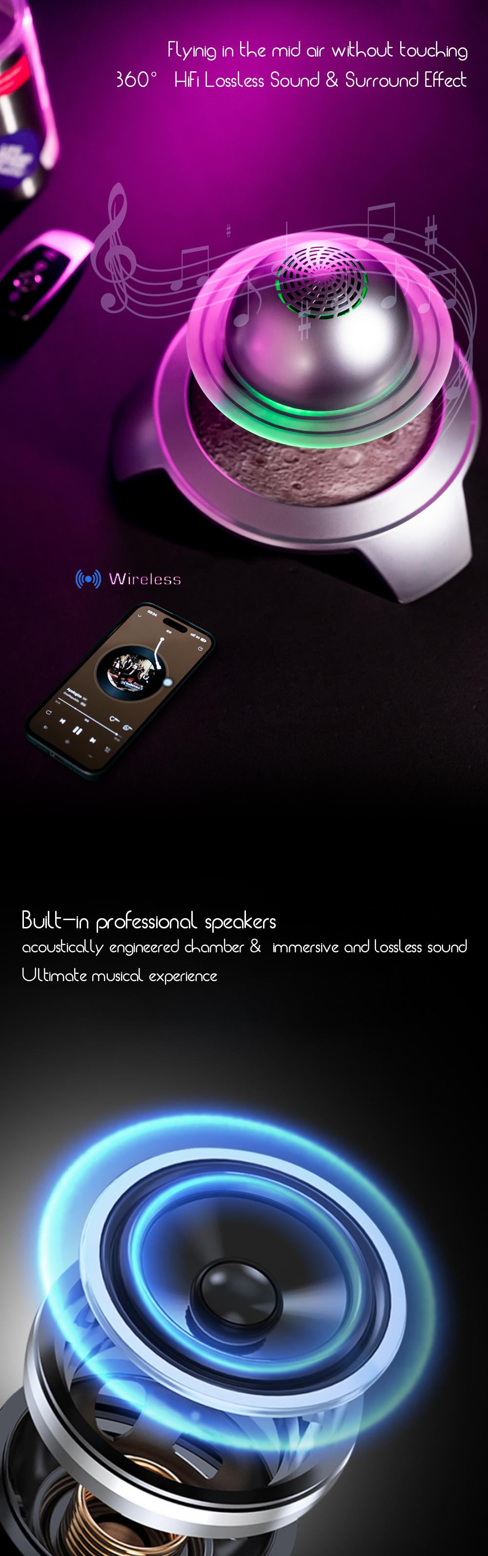 Bluetooth Speaker Magnetic Levitating Saturn Speaker, Floating Bluetooth 5.3 Speaker with LED Night Light, 360° Stereo Sound Wireless Speaker, Unique Tech Gift for Home Office Decor, Futuristic Space Themed Desk Ornament