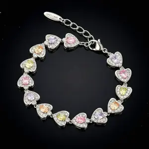 VAELUME Original 18K White Gold Plated Rainbow Heart Bracelet, 5A VVS Colorful Zircon, Sparkly Halo Love Chain, Perfect for Daily Wear, Anniversaries,Birthday Gift for Women and Girls #B18821.