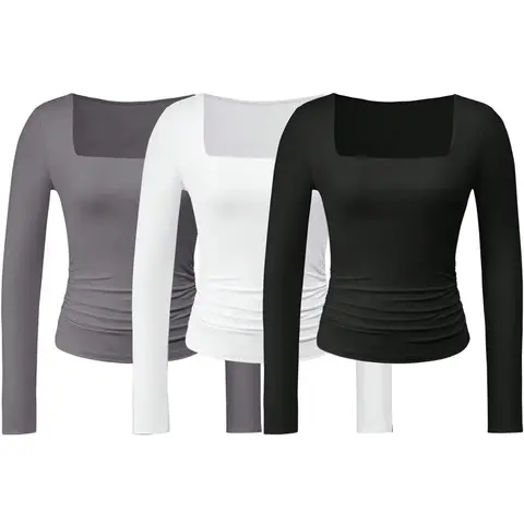 Women's Plain Ruched Square Neck Tee, Casual Classy Long Sleeve T-shirt for Spring & Fall, Women's Top for Daily Wear
