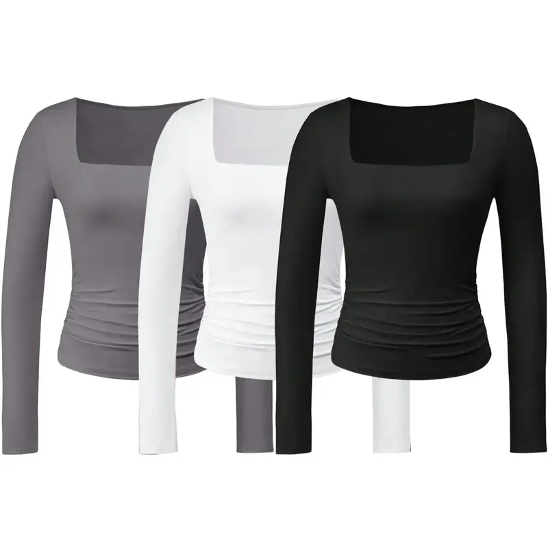 Women's Plain Ruched Square Neck Tee, Casual Classy Long Sleeve T-shirt for Spring & Fall, Women's Top for Daily Wear