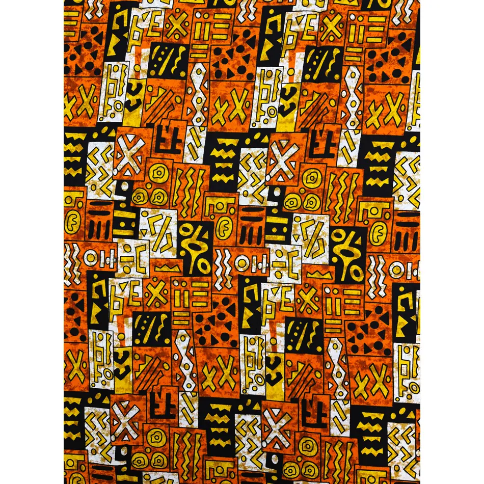 African 100% Cotton Ankara Print Fabric - 6-yd Cut with Tangerine, Orange, Yellow, Black, White, Brown Tones for Cultural Events, Wedding Group Dresses