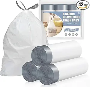 Drawstring 8 Gallon Trash Bags - 42 Count Pre-separated Medium Trash Bags 8 Gallon, White Unscented 8 Gal Garbage Bags