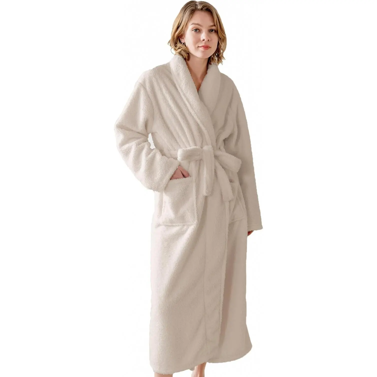 Women's Fuzzy Bathrobe - Plush Fleece Long Length Collared Neck Home Bathrobe, Loose-Fit Shawl Collar Loungewear (Sports & Outdoor Accessories), Home Bathrobes