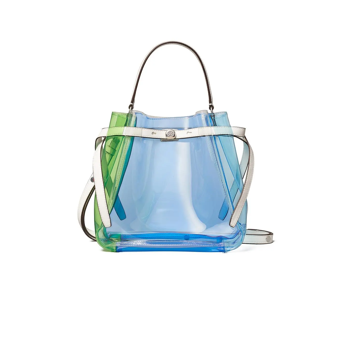 Tory Burch Romy Color-Block Clear Bucket Bag in The Pool Blue