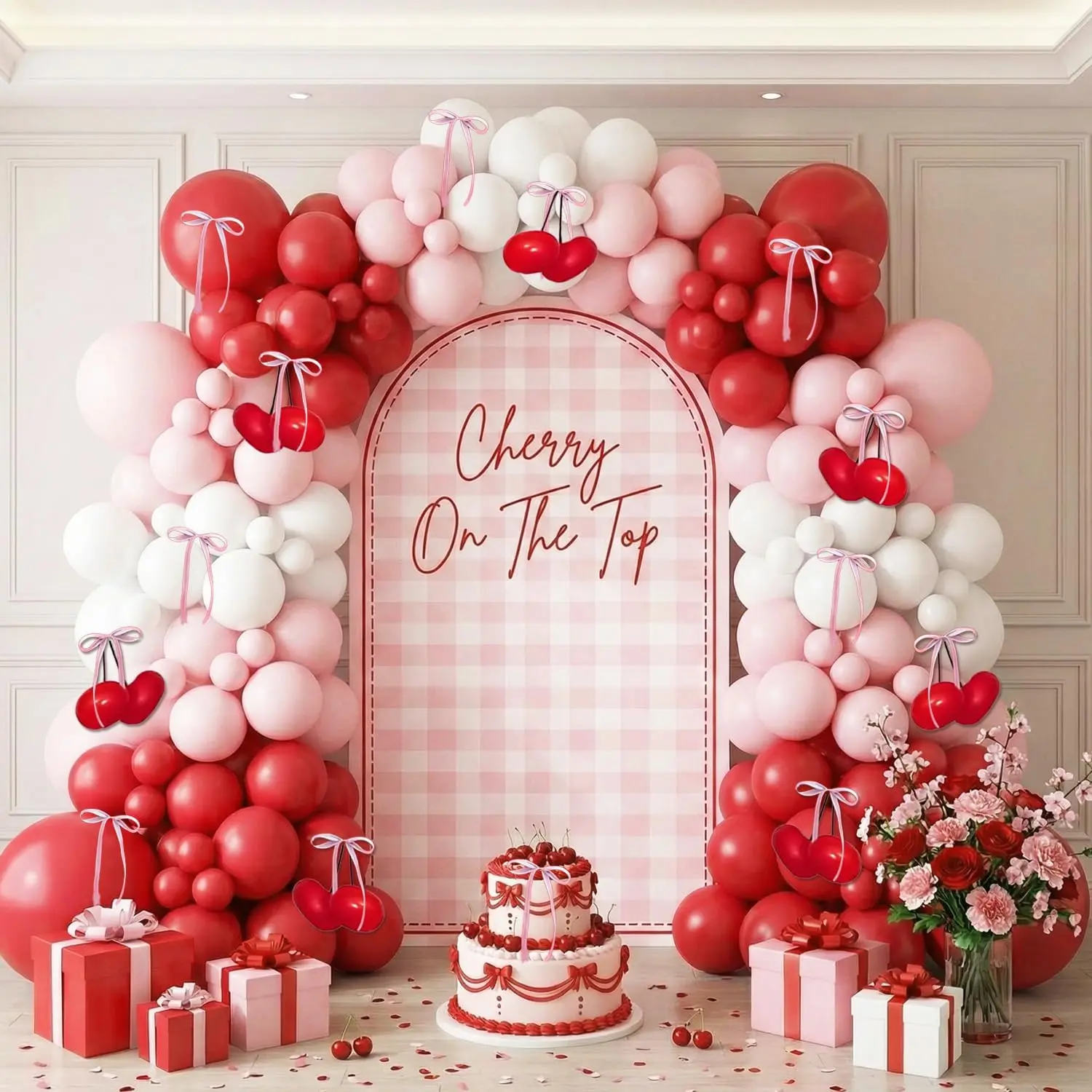 Cherry Balloon Arch Kit Pink Red White – Cherry On Top Party Decorations with Bow Ribbon Cherry Birthday & Baby Shower Decor, Bow Valentine Decor, Galentine’s Day balloons，Berry Sweet Balloon Garland