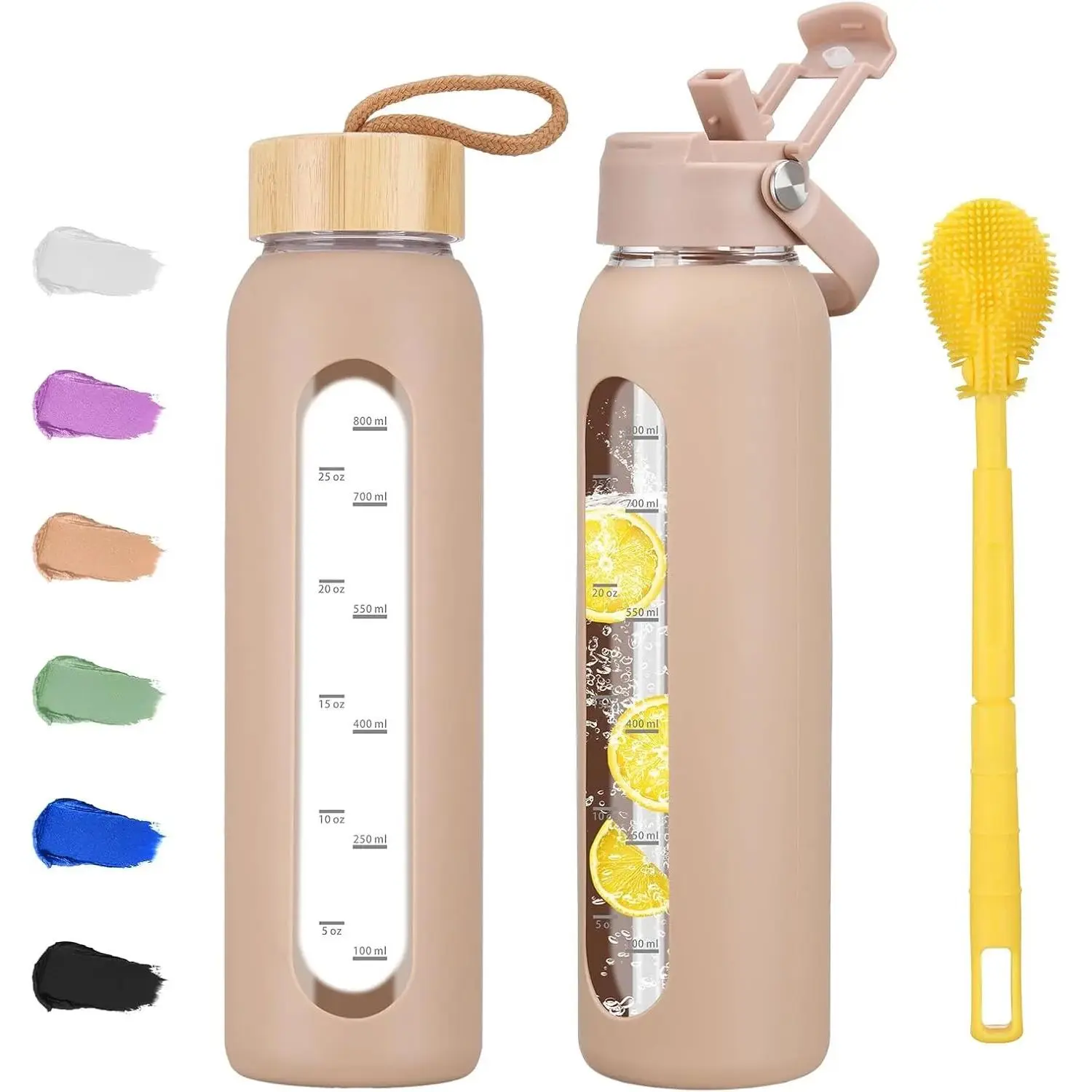 32 oz Glass Water Bottle with 2 Lids-Handle Straw Lid & Bamboo Lid,1 Liter Motivataional Tumbler Water Bottle Time Marker, Borosilicate Glass Water Bottles With Silicone Sleeve, Leakproof Drinkware