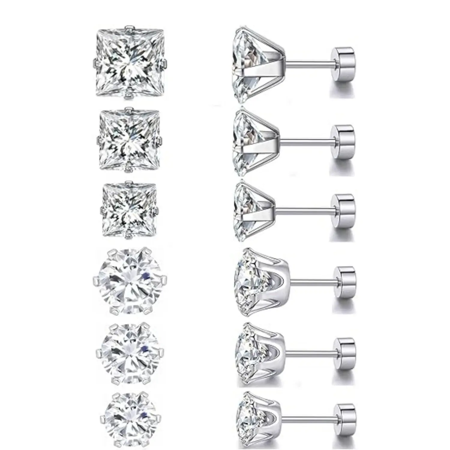 6 Pairs Titanium Flat Back Earrings - Surgical Stainless Steel Round Square Princess Cut CZ Screw Back Stud For Women Men Hypoallergenic Cubic Zirconia Earrings - Home Improvement., Men's Earrings