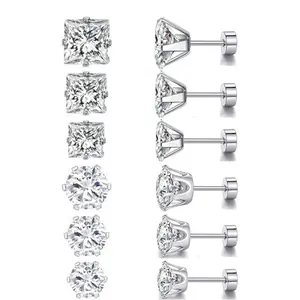 6 Pairs Titanium Flat Back Earrings - Surgical Stainless Steel Round Square Princess Cut CZ Screw Back Stud For Women Men Hypoallergenic Cubic Zirconia Earrings - Home Improvement.