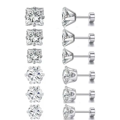 Women's 20g Titanium Flatback Earrings Studs (6 Pairs) - Rust-proof Steel, Round/Square/Princess Cut Cubic Zirconia Screw Back, Hypoallergenic, Stays Put, for Daily Casual Use (Home Improvement, Building Supplies, Wallpaper & Wall Trim Conventions)