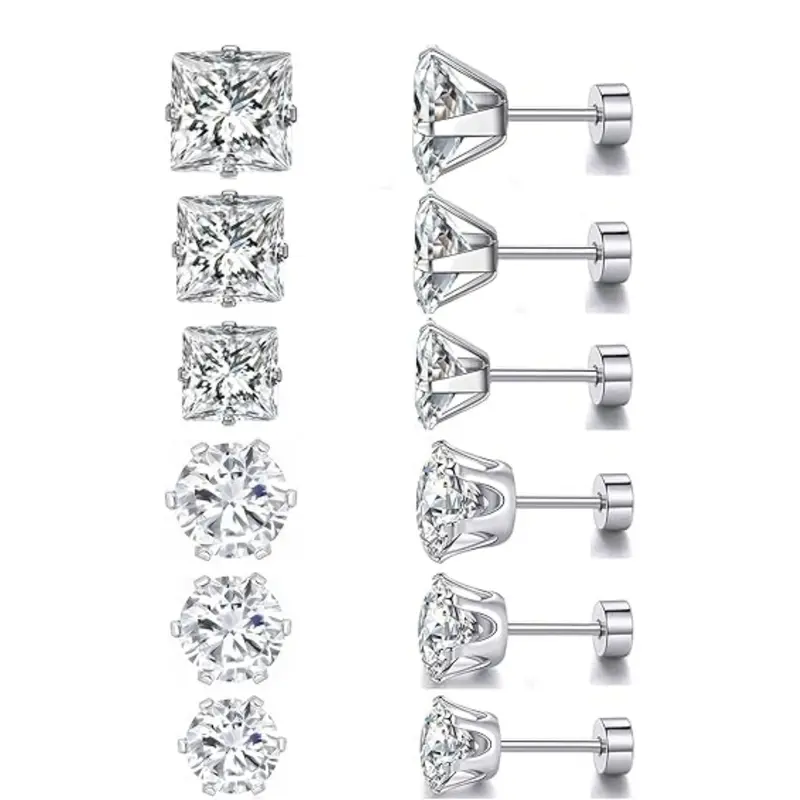 Women's 20g Titanium Flatback Earrings Studs (6 Pairs) - Rust-proof Steel, Round/Square/Princess Cut Cubic Zirconia Screw Back, Hypoallergenic, Stays Put, for Daily Casual Use (Home Improvement, Building Supplies, Wallpaper & Wall Trim Conventions)