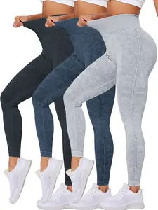 3 Pcs Washed Seamless Yoga Leggings - High-Waisted Butt-Lifting Workout Pants, Stretchy Sand-Washed Tights for Women, 3-Pack for Gym & Daily Wear