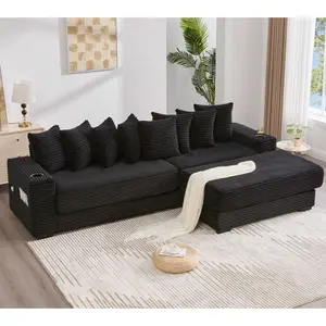 Niccae [NEW ARRIVED] [VIDEO PROVIDED] 110.75" Modular L Shaped Sofa, Corduroy Fabric Sectional Couch,With a movable footstool, Cup Holders,Bring 8 throw pillows,Side Pocket,Unfold into a Bed,Black