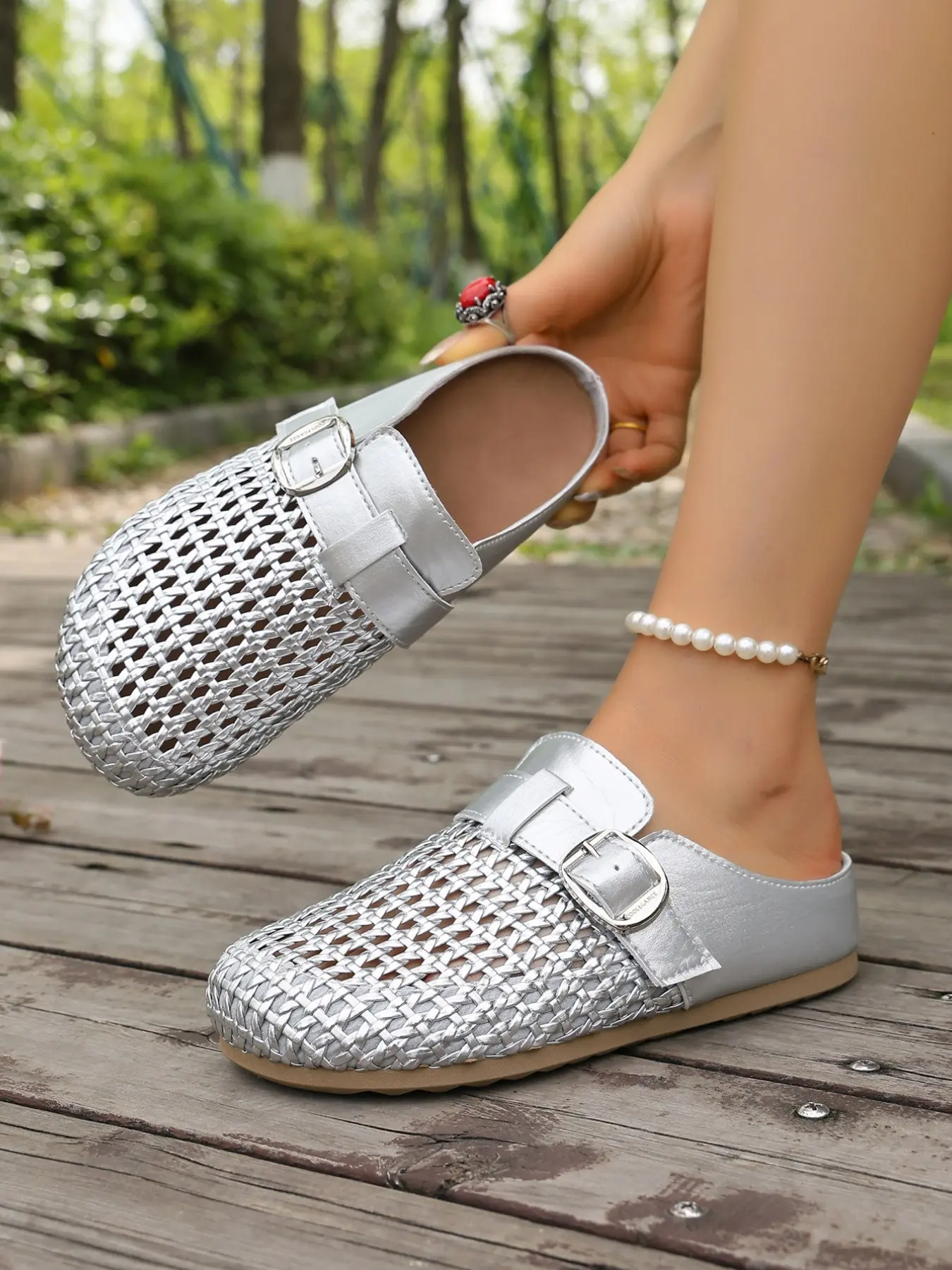 Ladies' fashionable woven breathable half toe PU Leather Mules shoes, comfortable thick soled sandals, Bohemian style multifunctional slippers, summer fashion matching