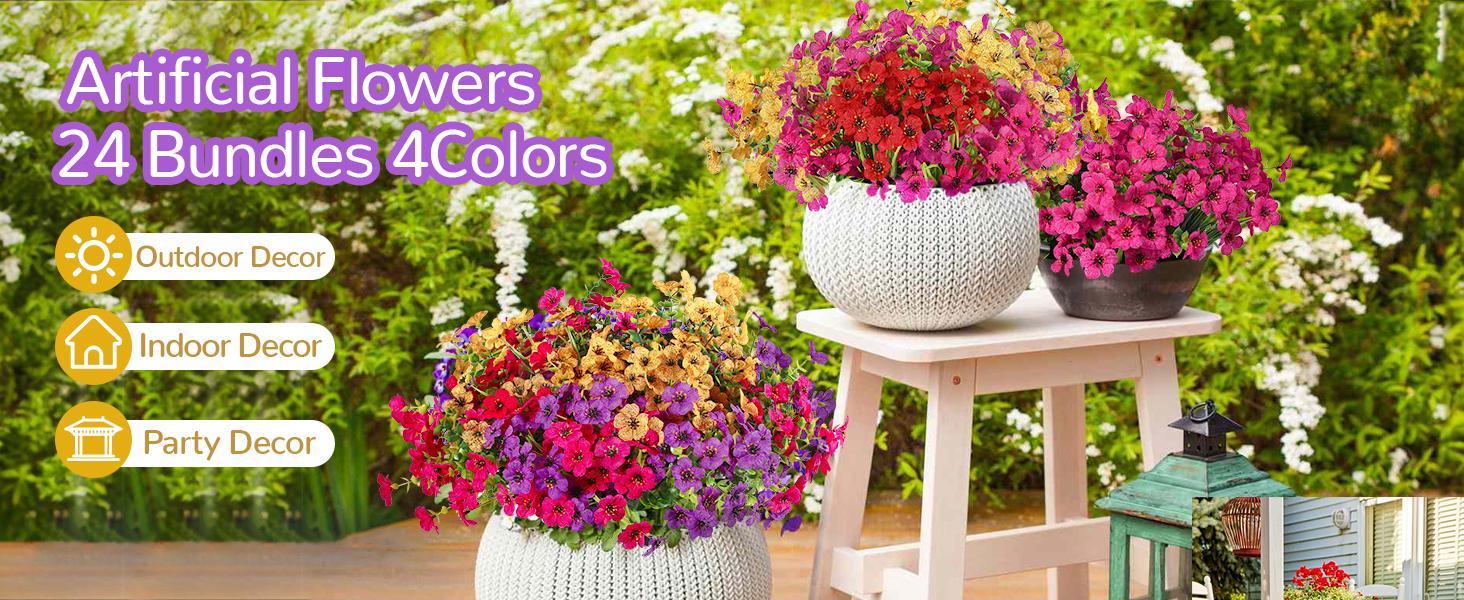 SHareconn 24 Bundles Artificial Flowers, UV Resistant Daisy & Eucalyptus, Outdoor Faux Plants, Long-Lasting Porch & Garden Decor