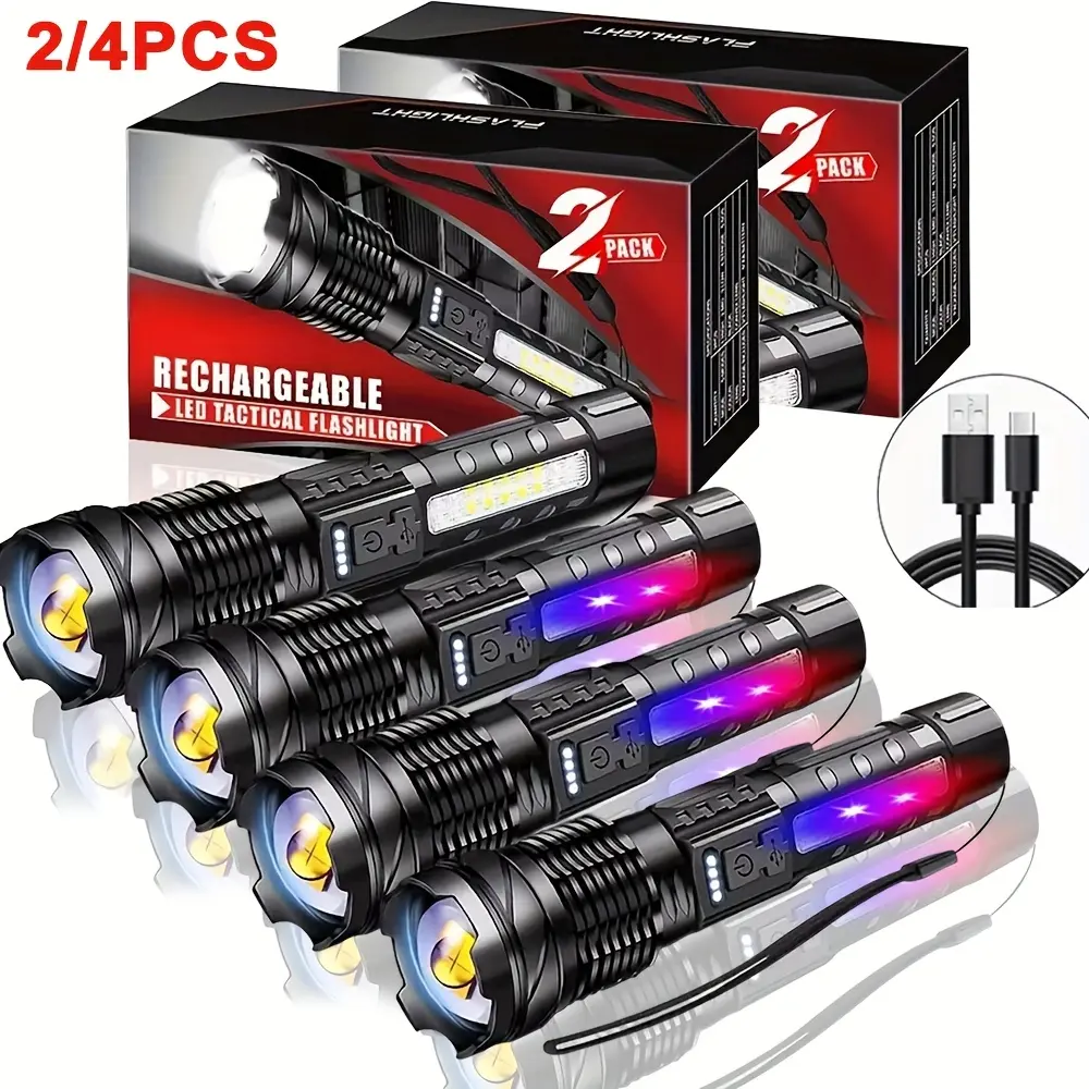 2 Adjustable LED Flashlights with COB Floodlight, High Power USB Rechargeable Handheld Headlamp, 7 Modes Super Bright Outdoor Camping Hiking Light