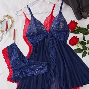 Transparent Tulle Nightgown Halter Homewear Woman Pajama Set With Panties Plus Size Curve Dress Hot Adult Lingerie Pajamas  Ladies' sexy lace patchwork front slit camisole skirt