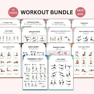 Complete Workout Guide Poster Bundle - 14-Page Fitness Chart Set for Strength Training, Full Body Workouts, Dumbbell Exercises, Fat Loss, Core Workouts and Daily Stretching Routines, Strength Training Charts