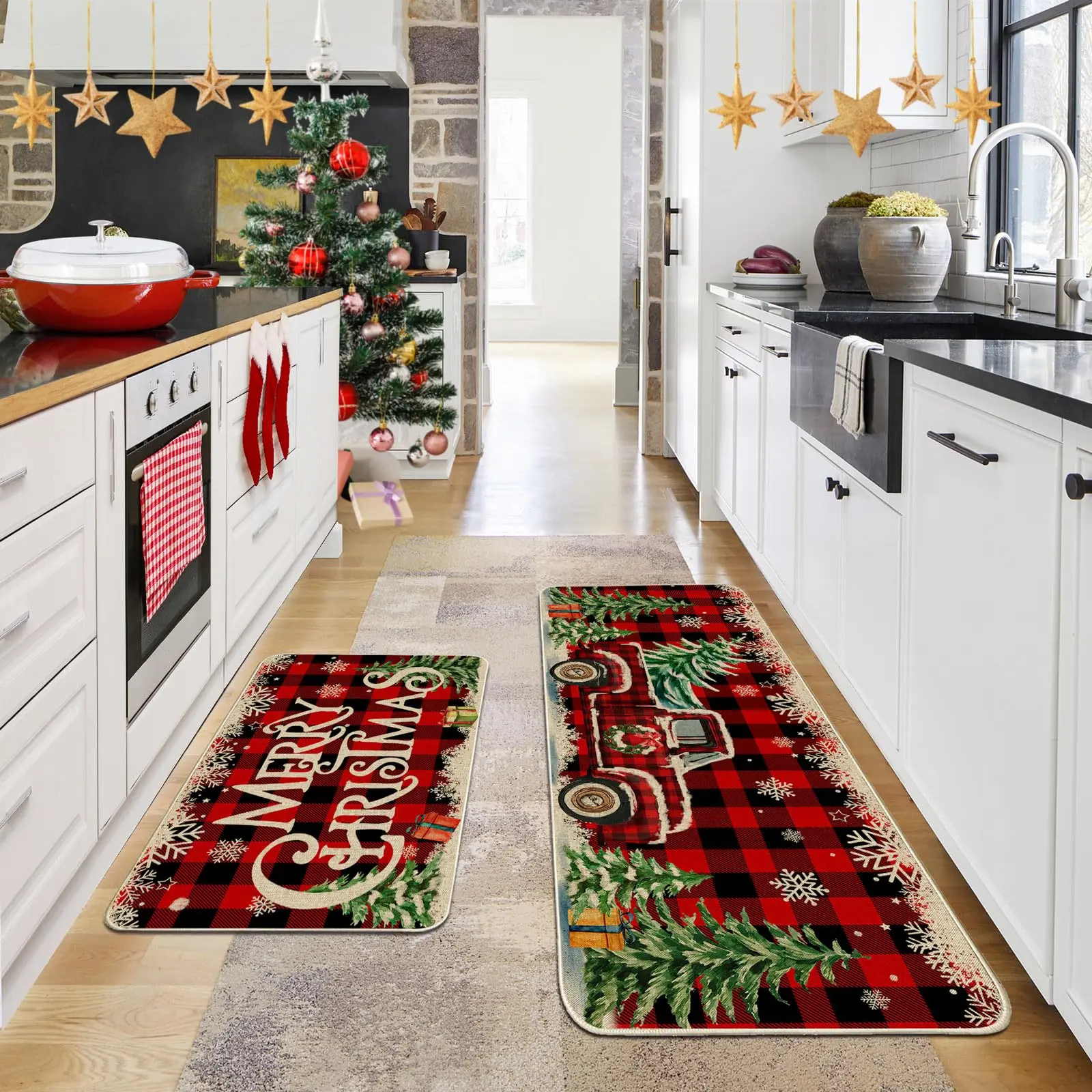 2 PCS Christmas Kitchen Mats Set Farmhouse Truck Red Buffalo Plaid Christmas Kitchen Decor Rug Anti Slip Water Absorb Xmas Kitchen Rugs Decorations for Bed Side Bathroom,Home,Indoor 16"x24"+16"x47"