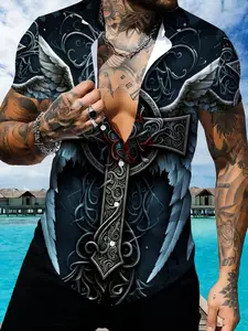 Men's Printed Short Sleeve Shirt, Vintage Cross & Wing Pattern, Fashion Trendy Top, Summer Casual Loose Style