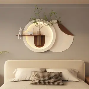 Adjustable 3-Color LED Sandstone Double-Disc Wall Art with Simulated Greenery, 3D Sculpture featuring Glass Vase & Rabbit Statue, Remote-Controlled Light Strips for Living Room, Bedroom & Hallway
