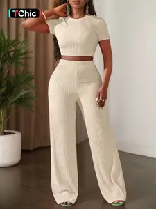 Women's Casual Short Sleeve Top & Wide Leg High Waist Pants Set, Pure Color Summer, Comfortable Daily Wear, Stylish Fashion Ensemble