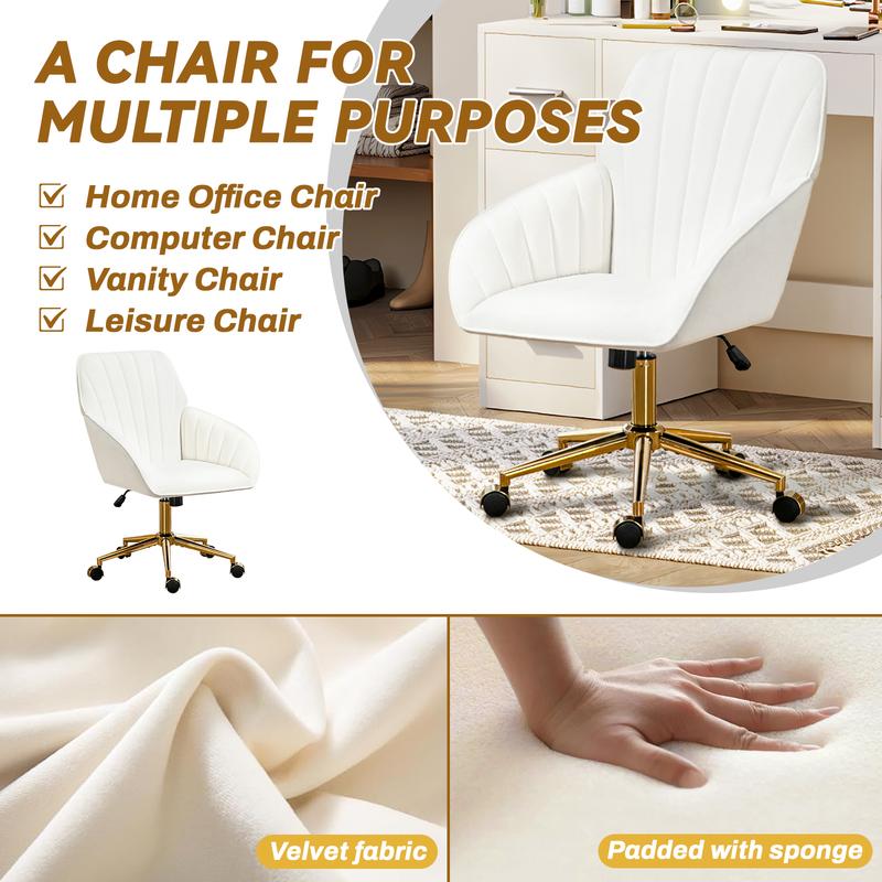 Home Office Desk Chair Comfy with Adjustable Swivel Wheels, Modern Velvet Makeup Vanity Chair with Back & Pillow, Ergonomic Office Chair Computer Task Chair for Living Room, Bedroom